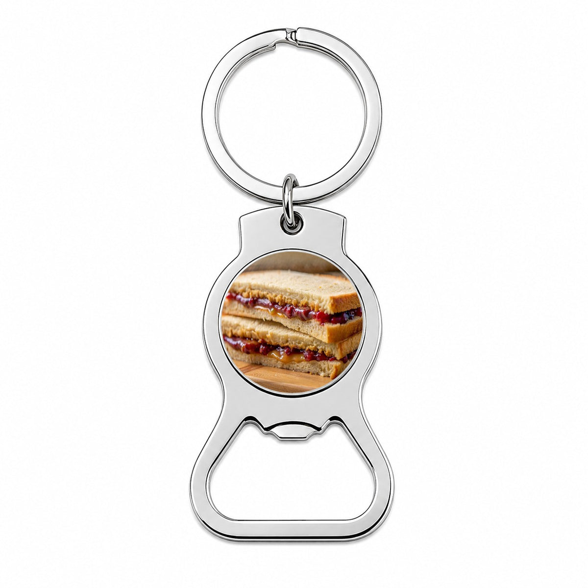 Close-up of a PB&J Peanut Butter And Jelly Sandwich Bottle Opener Keychain