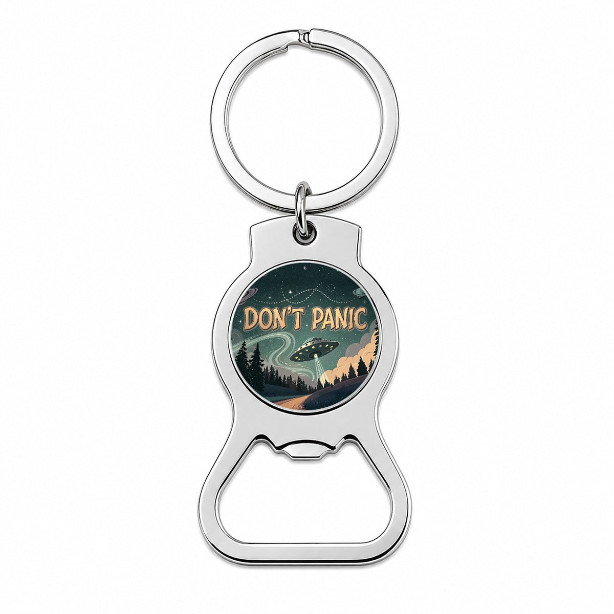 Don't Panic Retro UFO Invasion Funny Bottle Opener Keychain