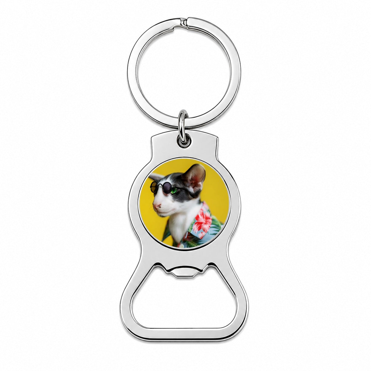 Funny Cat With Glasses And Hawaiian Shirt Bottle Opener Keychain