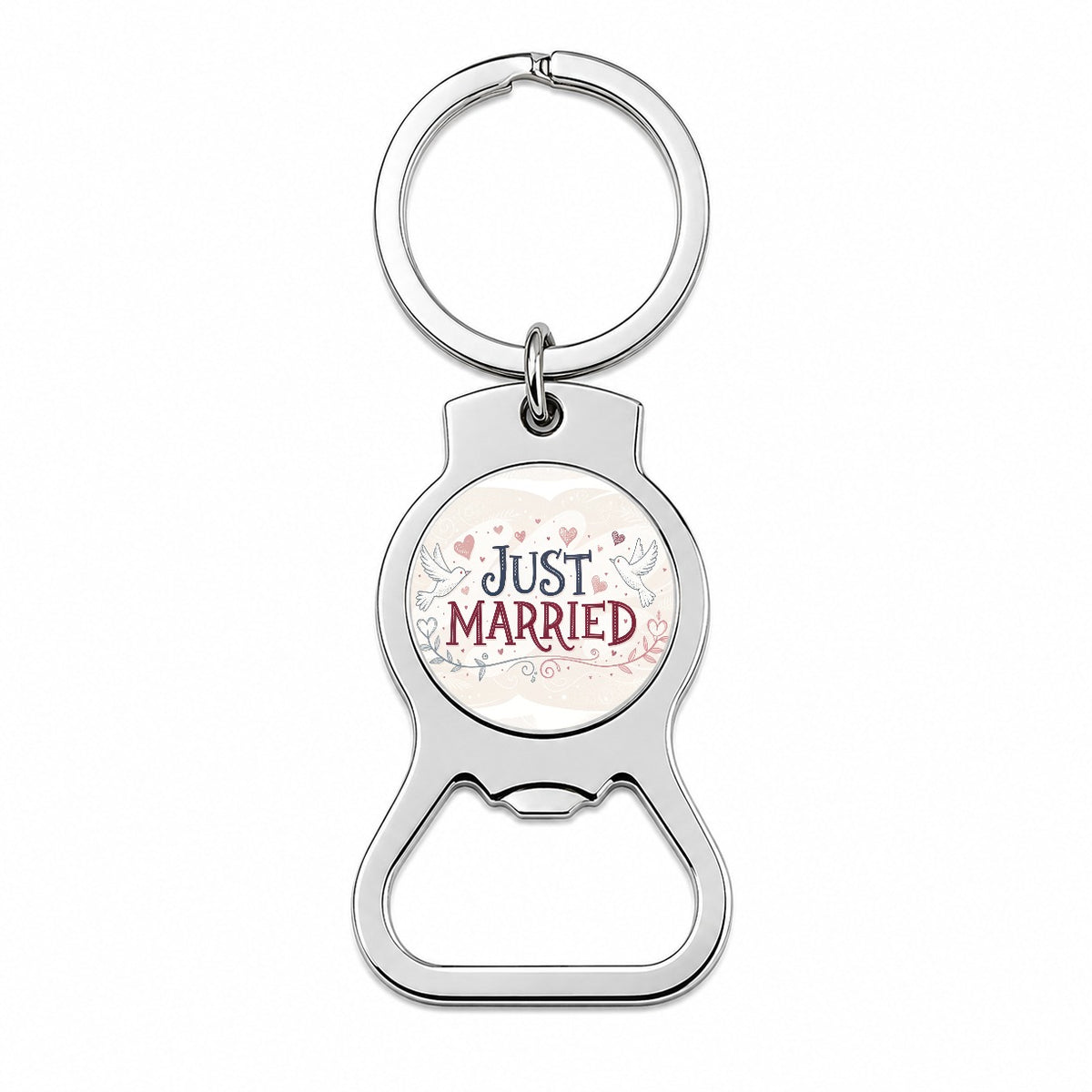 Just Married Doves Hearts Bottle Opener Keychain