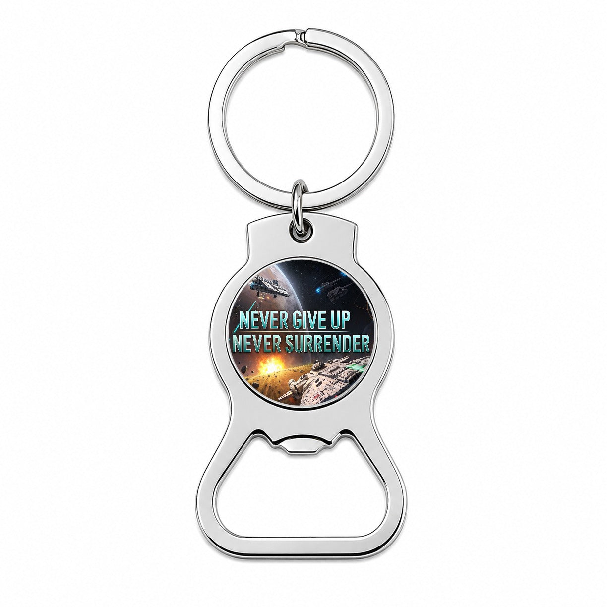 Never Give Up Never Surrender Inspirational Sci-Fi Space Bottle Opener Keychain
