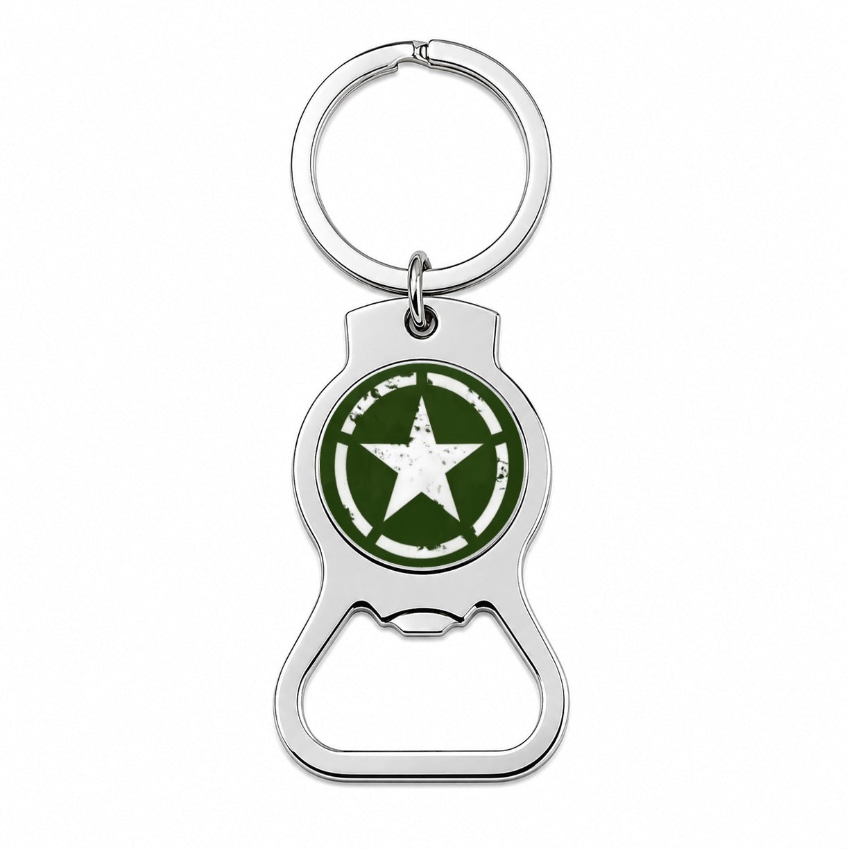 Rustic White Army Star On Olive Green Bottle Opener Keychain