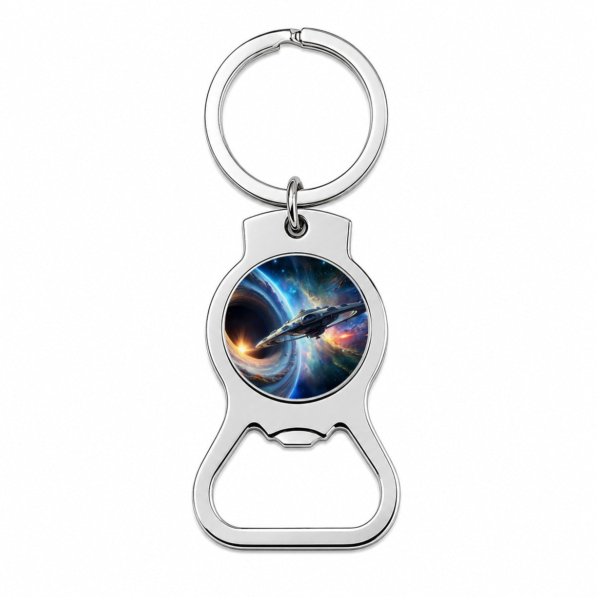 Starship Spaceship Coming Out Of Space Wormhole Bottle Opener Keychain