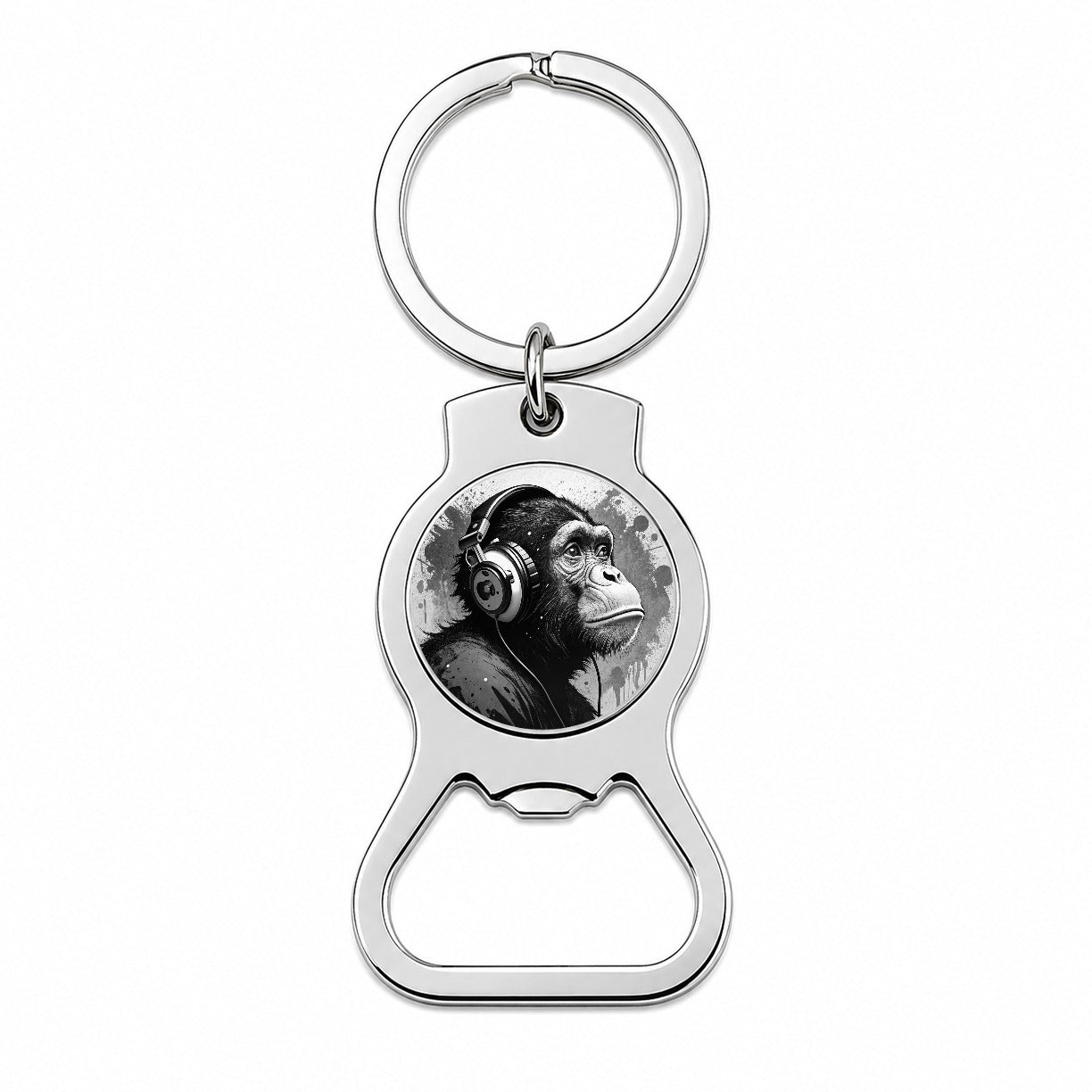 Artsy B&W Monkey with Headphones Bottle Opener Keychain