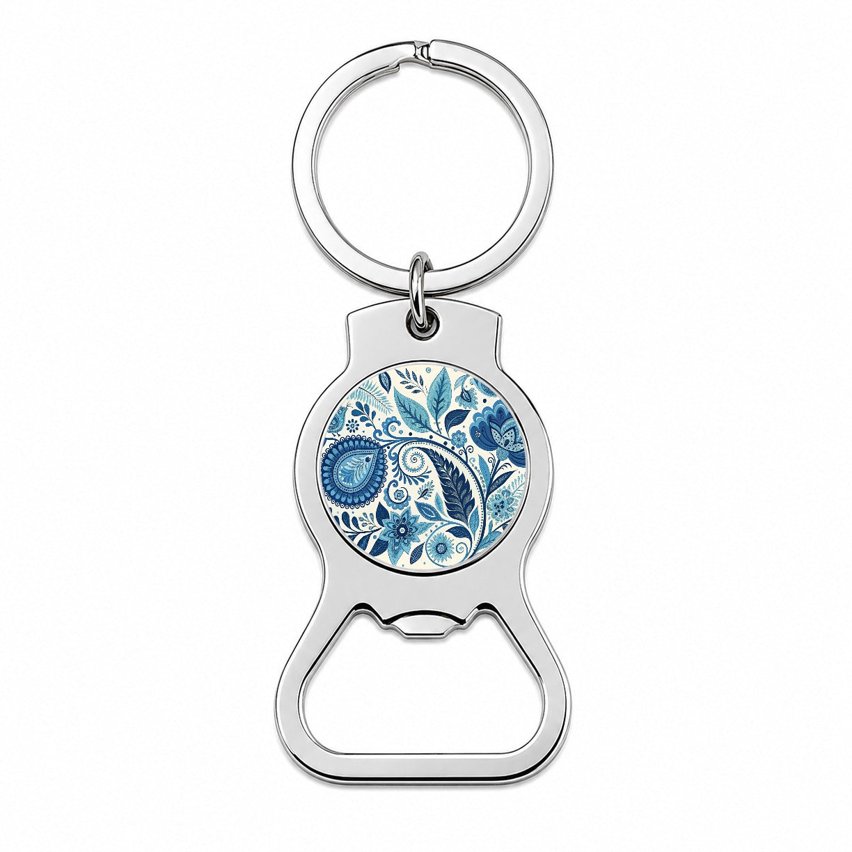 Blue Traditional Folk Art Floral Pattern Bottle Opener Keychain
