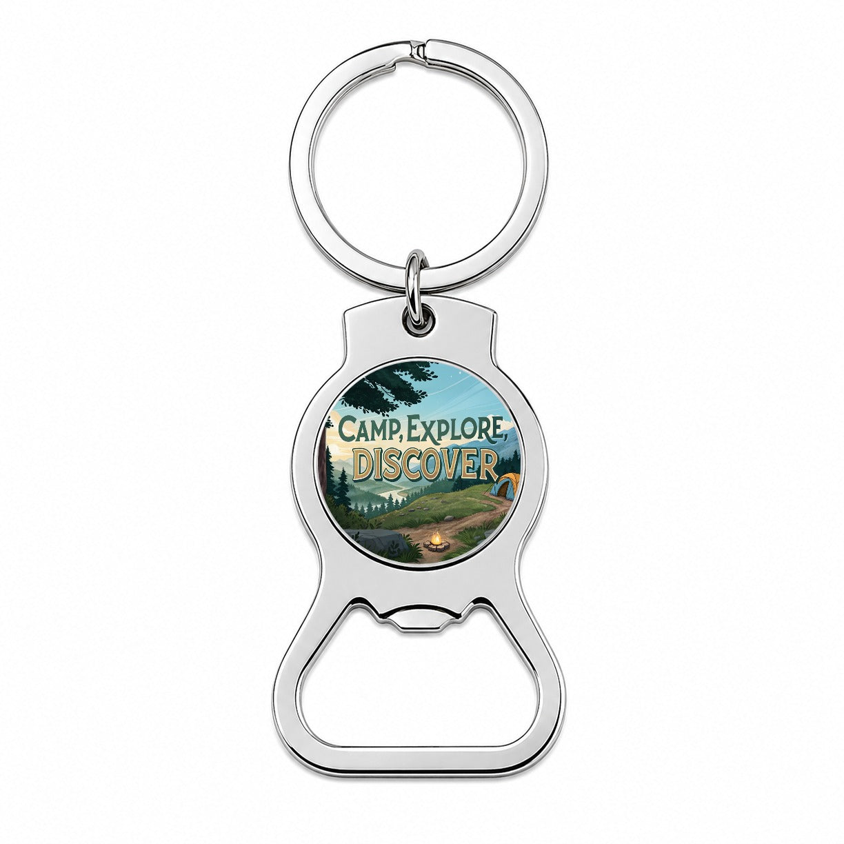 Camp Explore Discover Hiking Camping Bottle Opener Keychain