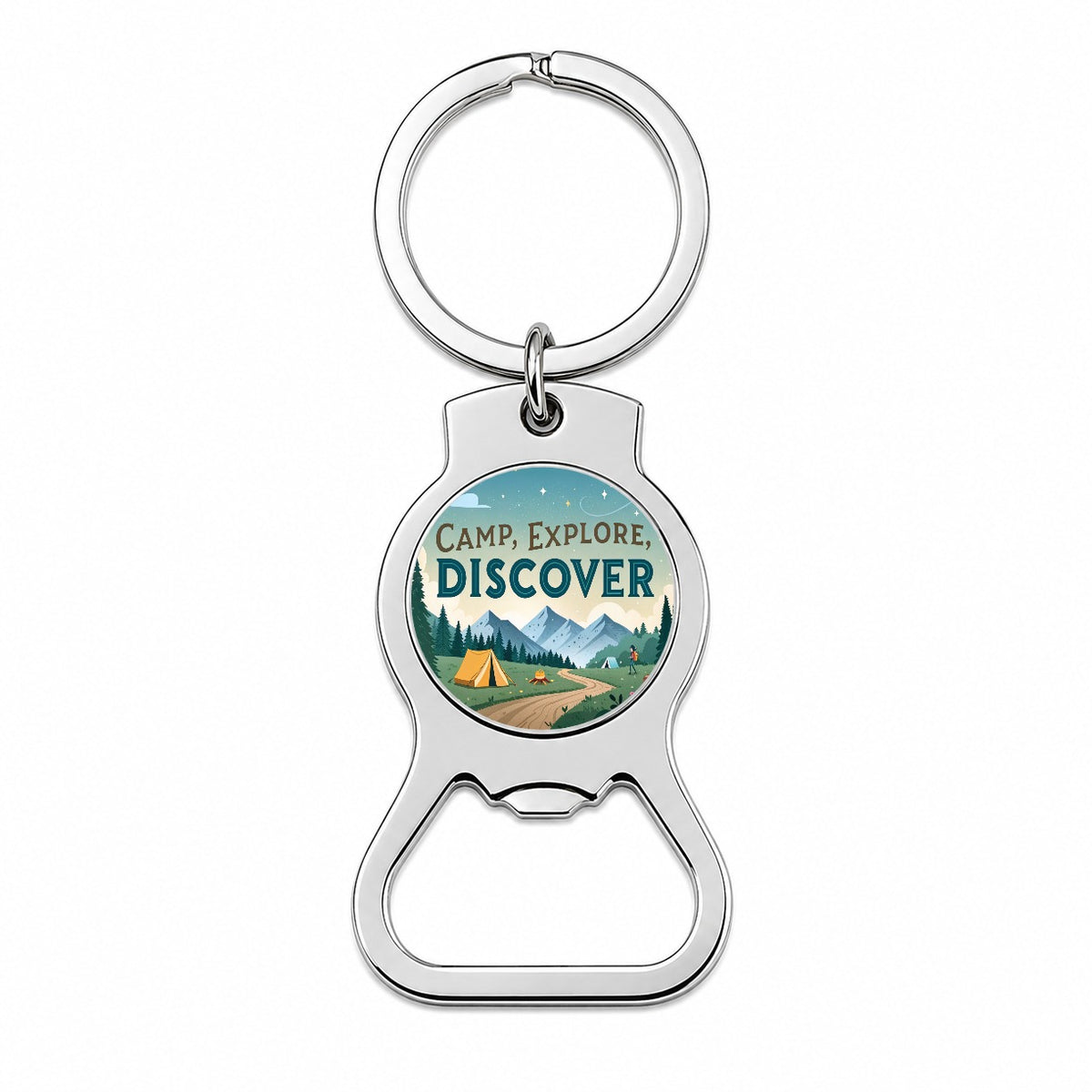 Camp Explore Discover Text Camping And Hiking Bottle Opener Keychain