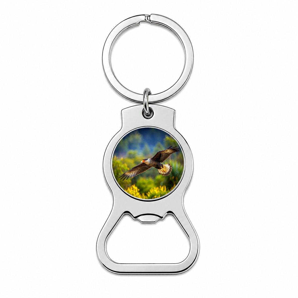 Caracara Raptor in Flight Bottle Opener Keychain