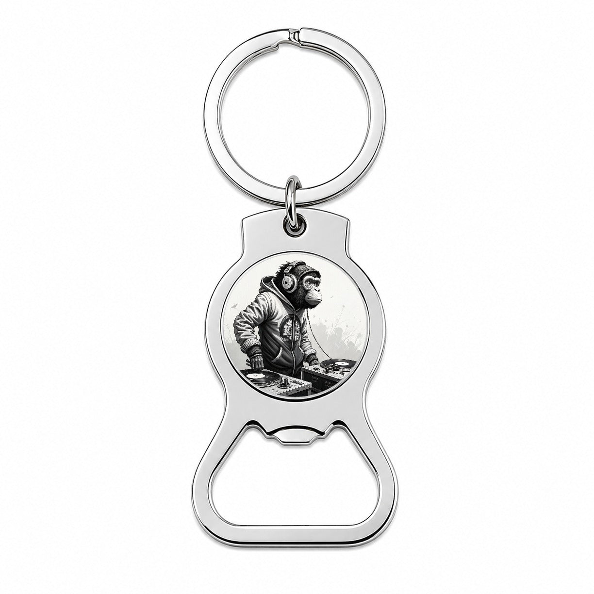 DJ Monkey with Headphones B&W Bottle Opener Keychain