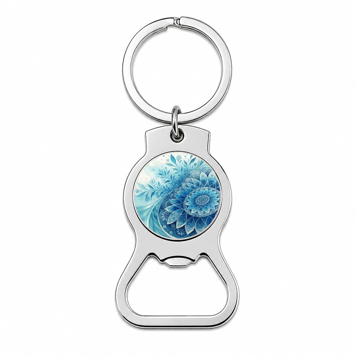 Fractal Art Blue Flower Pattern Watercolor Style Bottle Opener Keychain