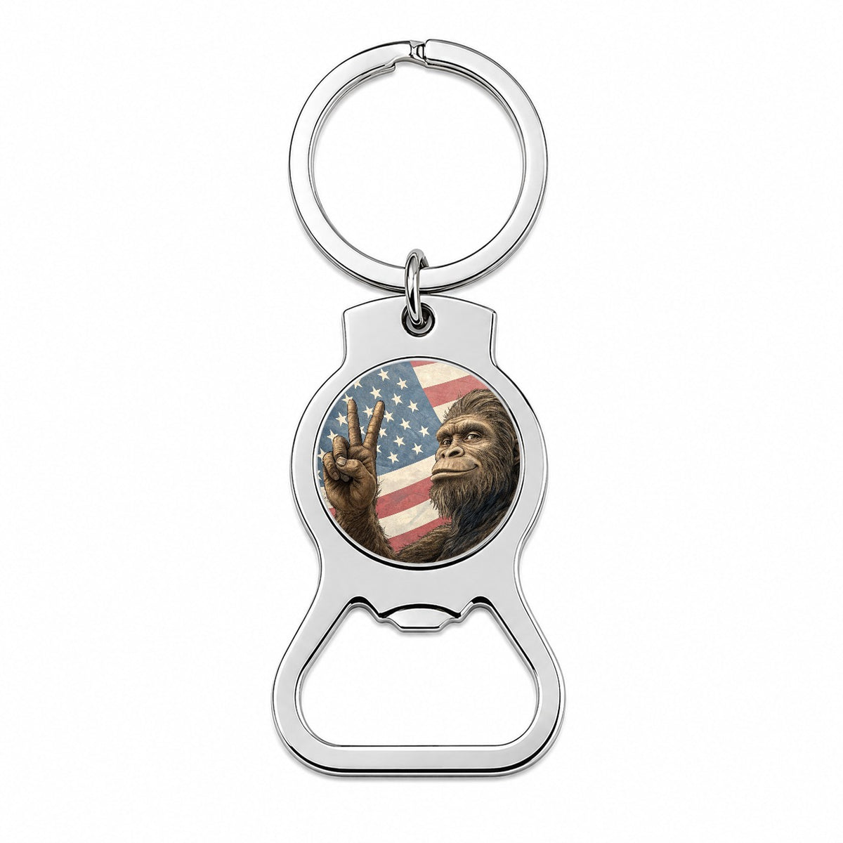 Patriotic Bigfoot Giving The Peace Sign Bottle Opener Keychain