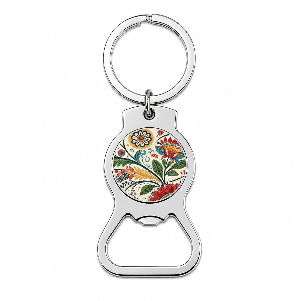 Traditional Folk Art Flowers Leaves Pattern Bottle Opener Keychain