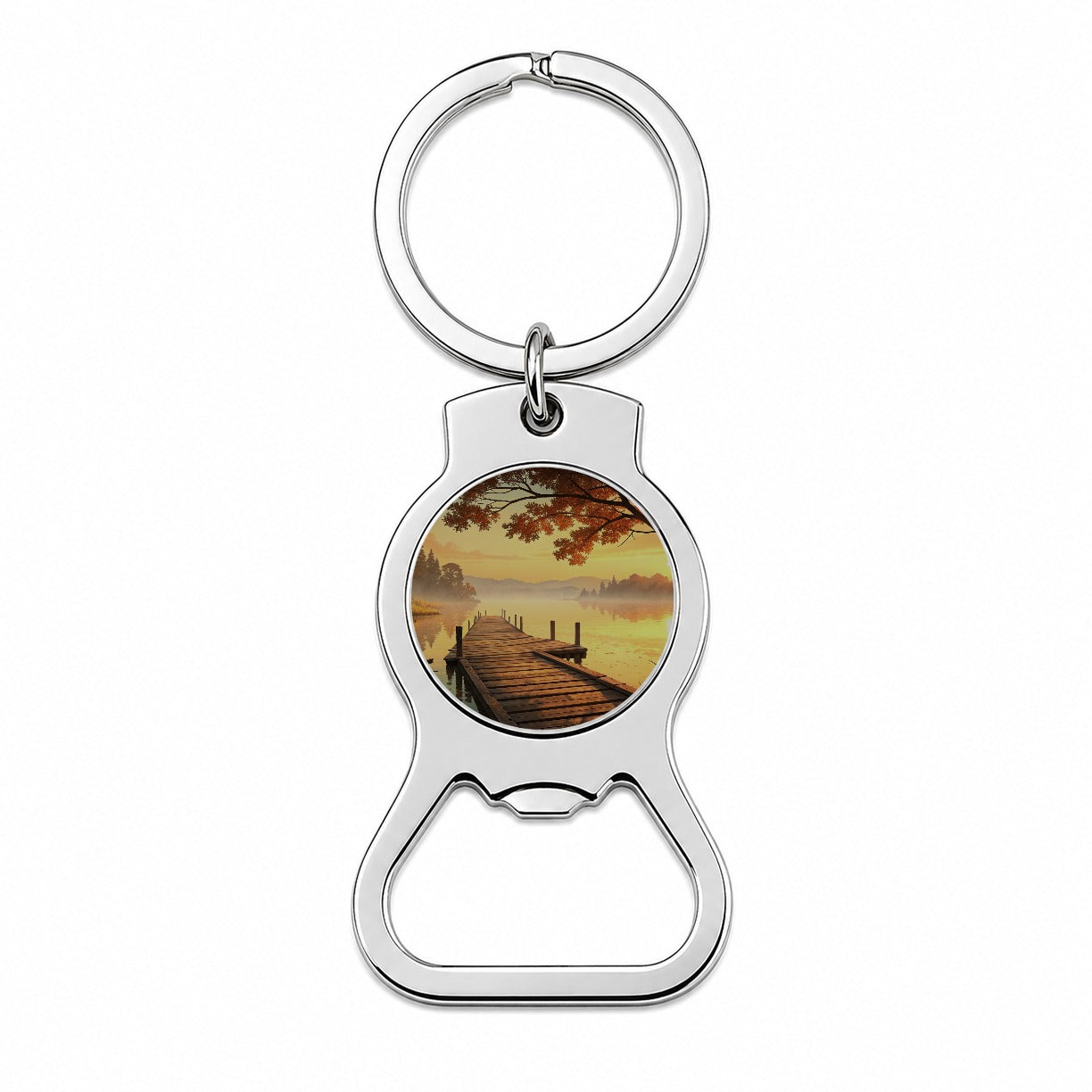 Autumn Lake Dock Sunset Bottle Opener Keychain