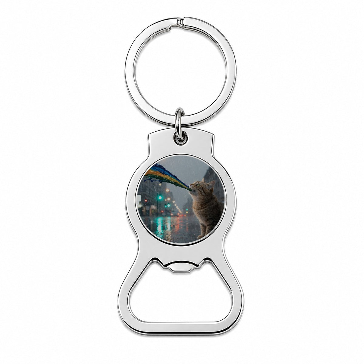 Cat Puking Rainbow Funny Bottle Opener Keychain