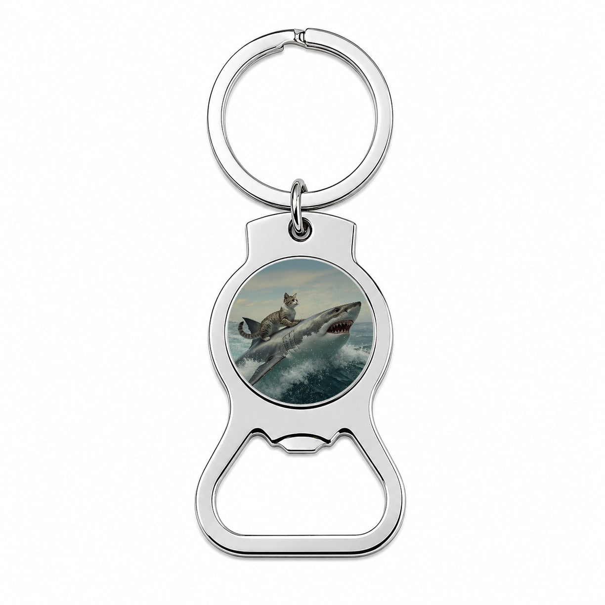 Cat Riding Shark Funny Bottle Opener Keychain