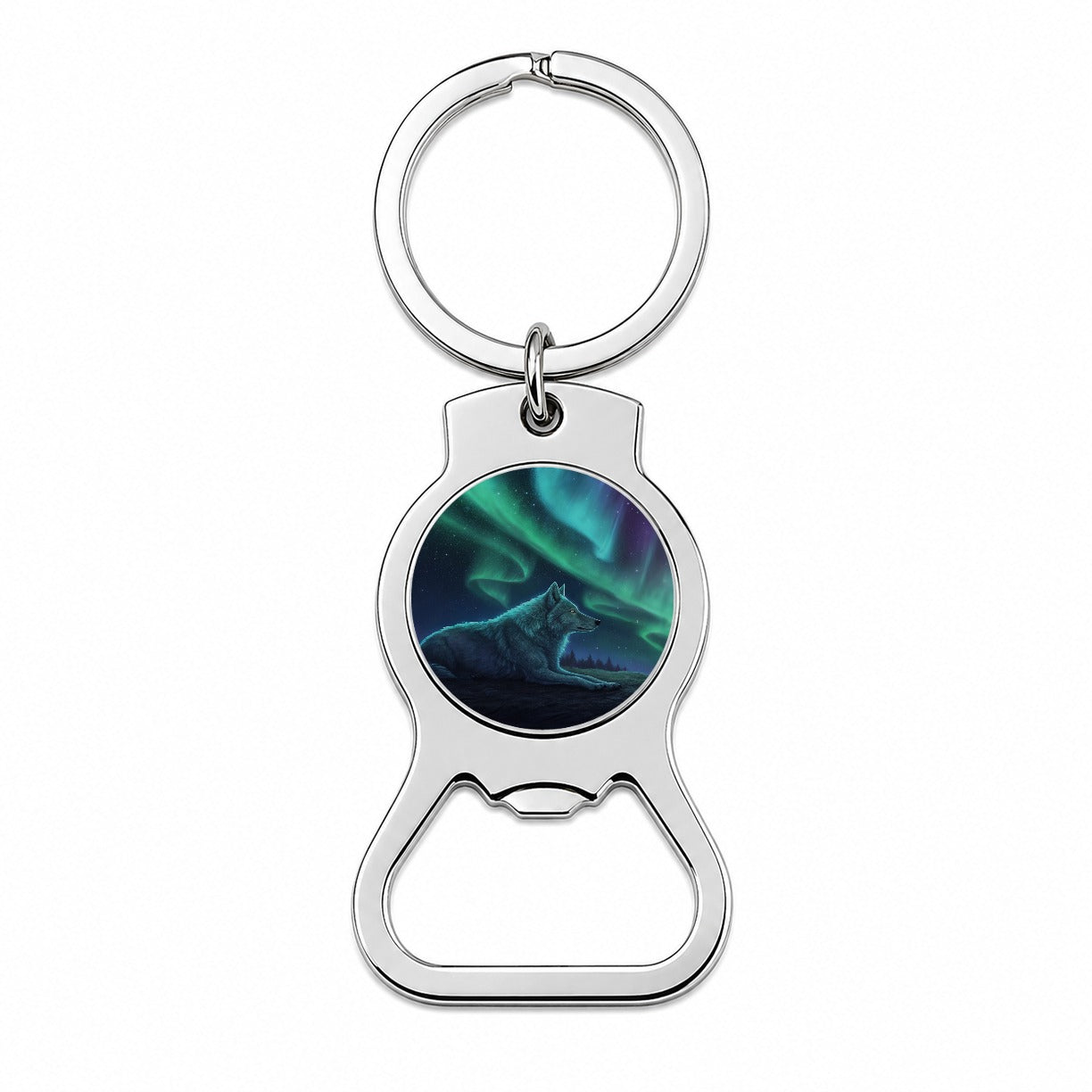 Cosmic Wolf Northern Lights Bottle Opener Keychain