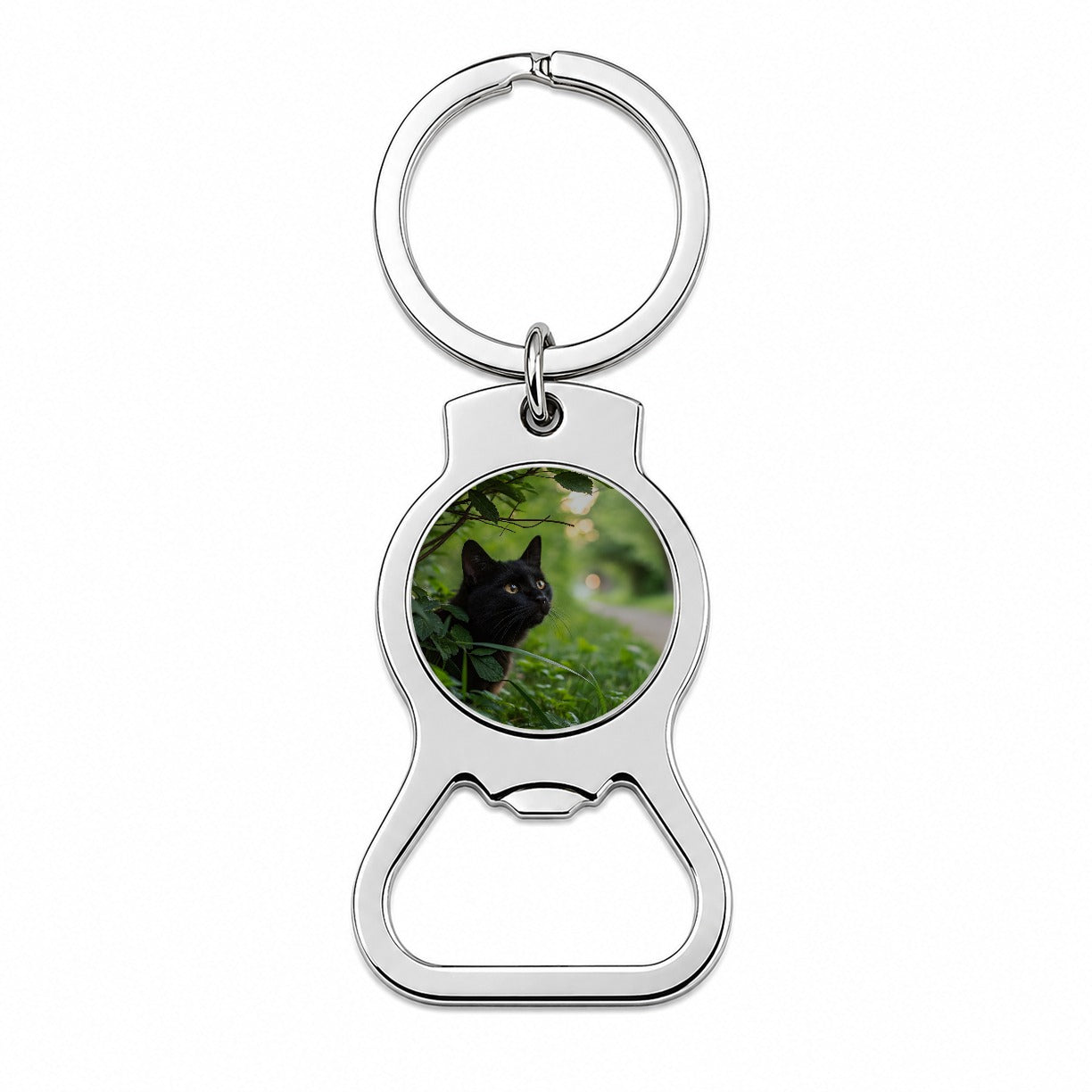 Curious Black Cat Nature Bottle Opener Keychain