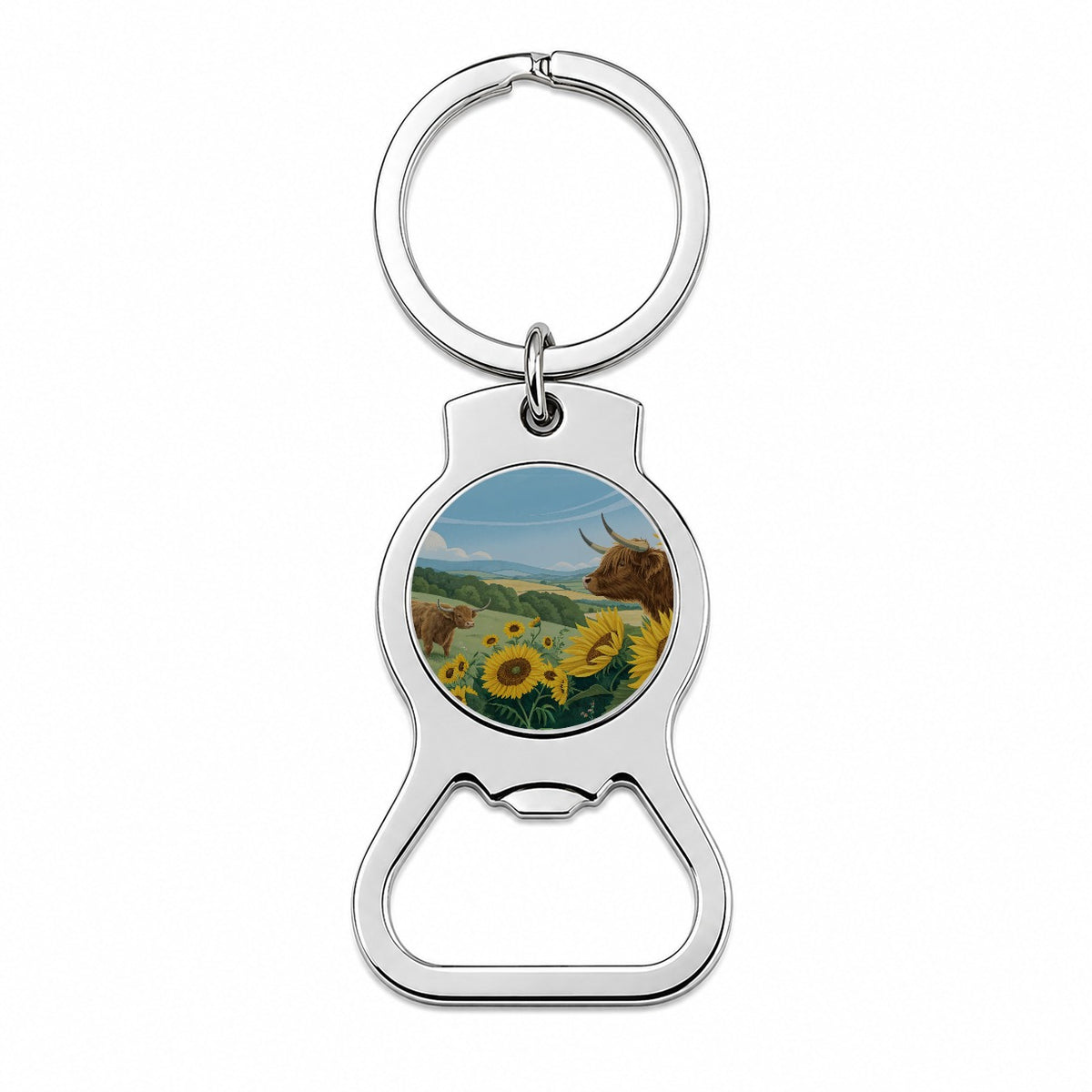 Highland Cows Sunflowers Field Bottle Opener Keychain