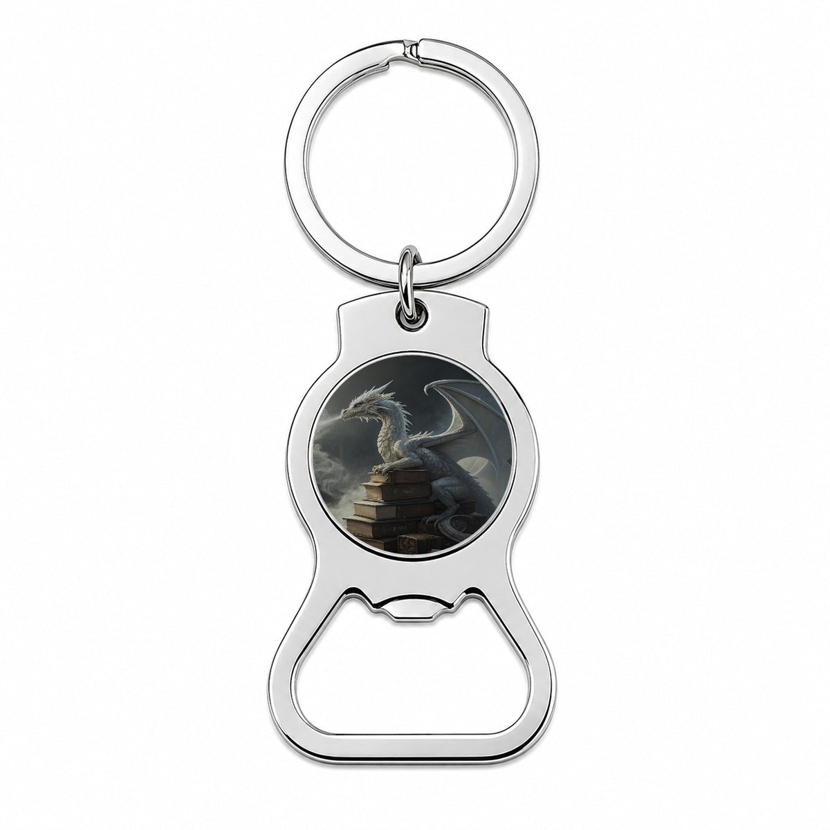 Misty Dragon Sitting On Books Bottle Opener Keychain