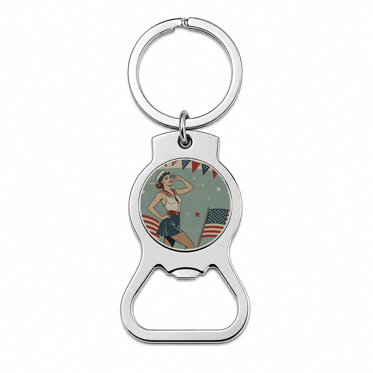 Retro Patriotic Pinup Style USA America Bottle Opener Keychain