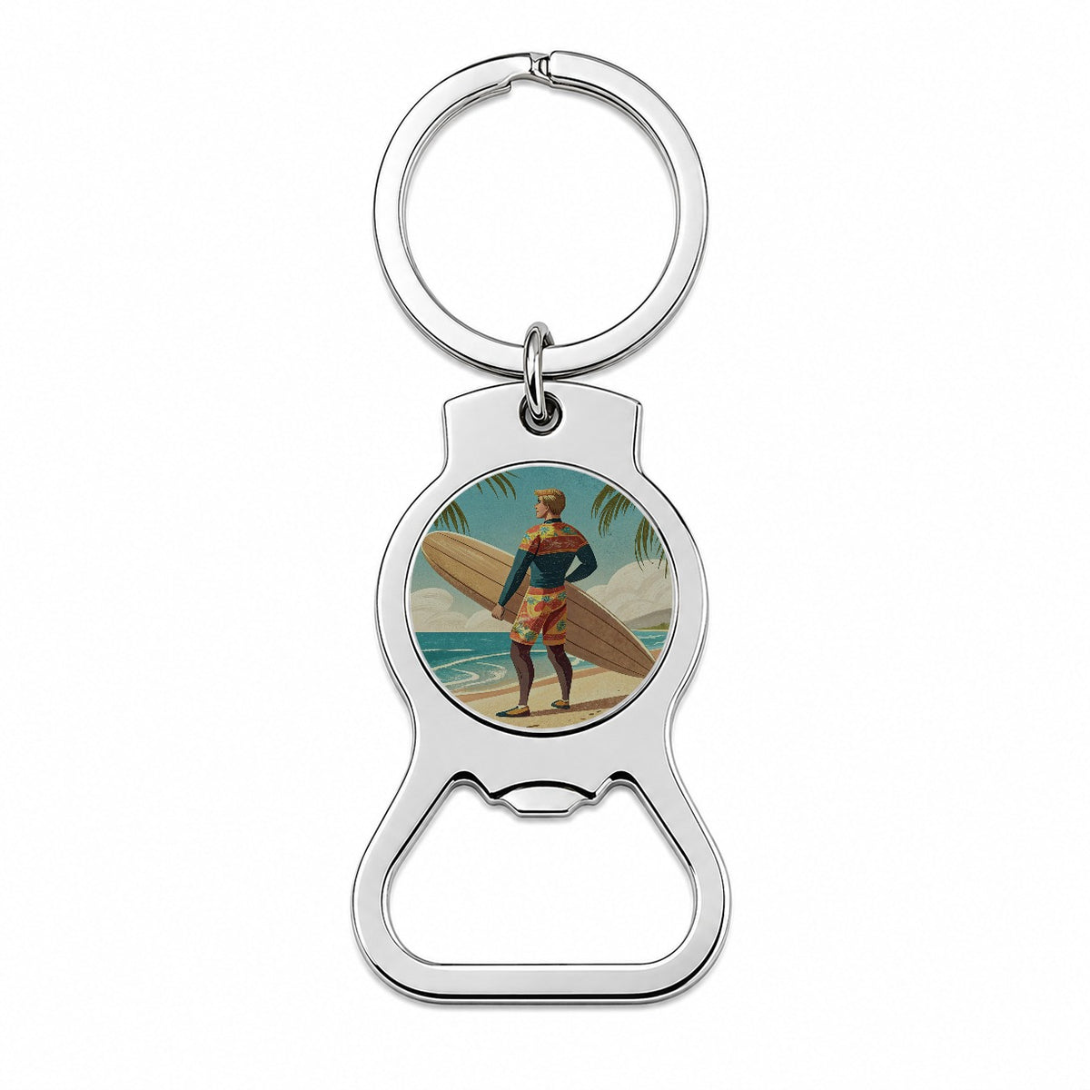 Retro Surfer Beach Scene Bottle Opener Keychain