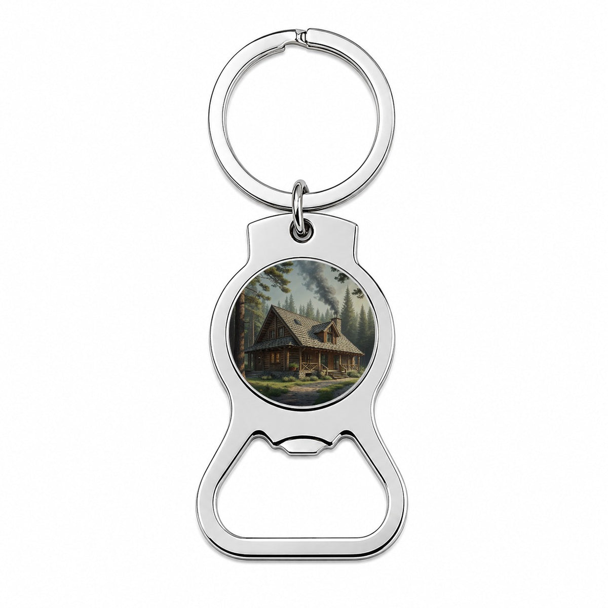 Rustic Hunting Lodge Log Cabin Bottle Opener Keychain