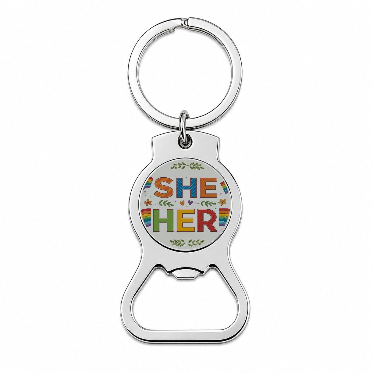 She Her Rainbow Pride Bottle Opener Keychain