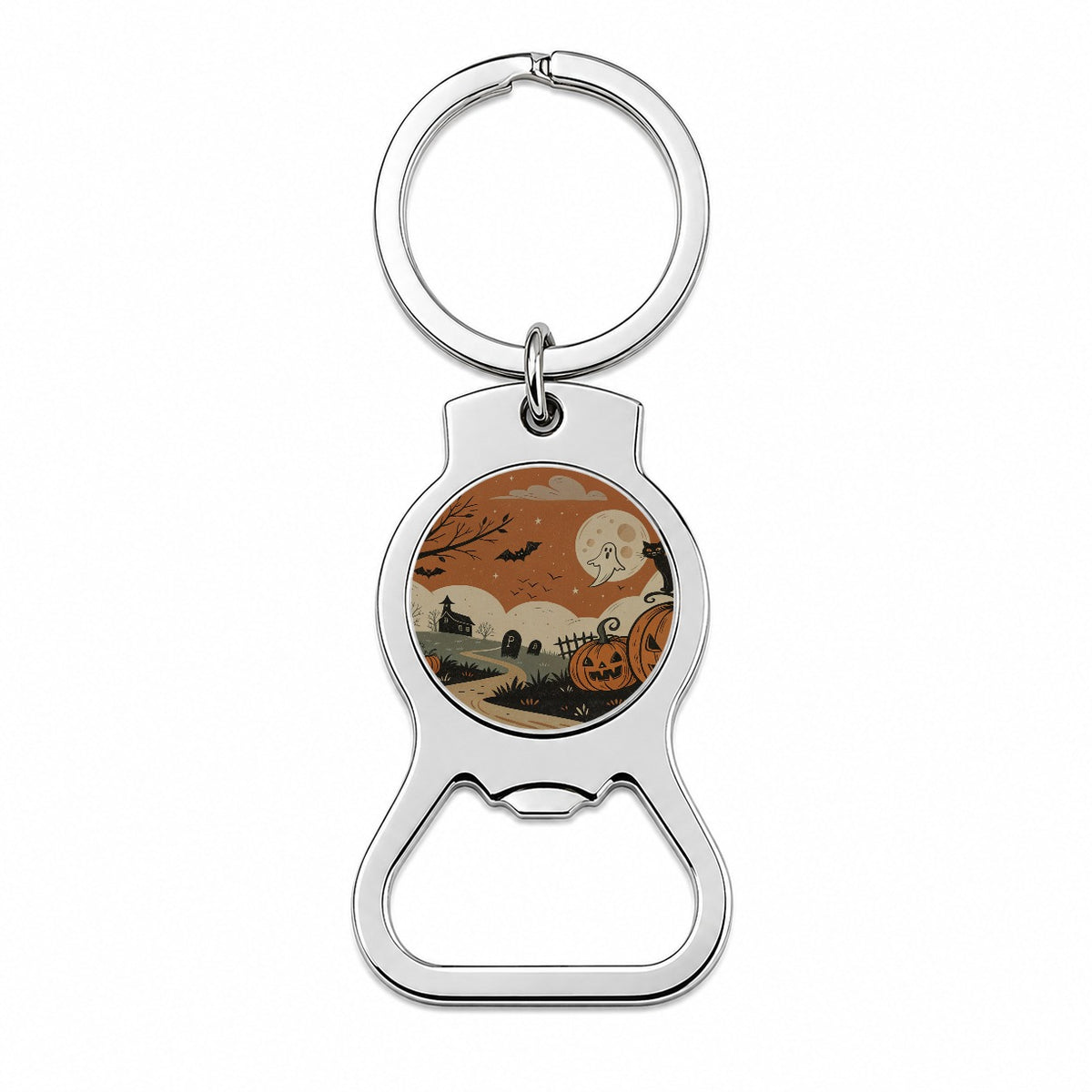 Vintage Pumpkin Halloween Scene Bottle Opener Keychain