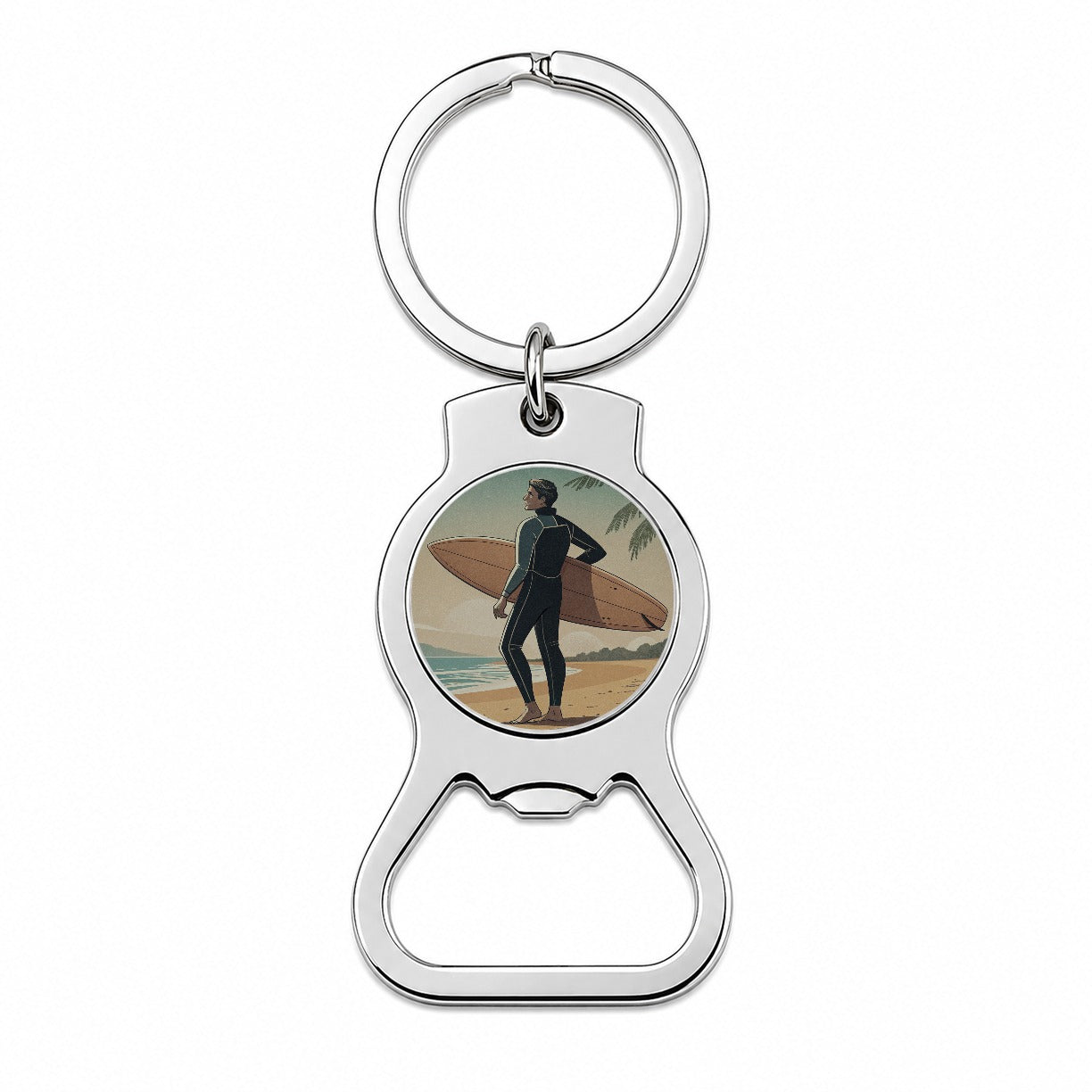 Vintage Surfer Beach Scene Bottle Opener Keychain