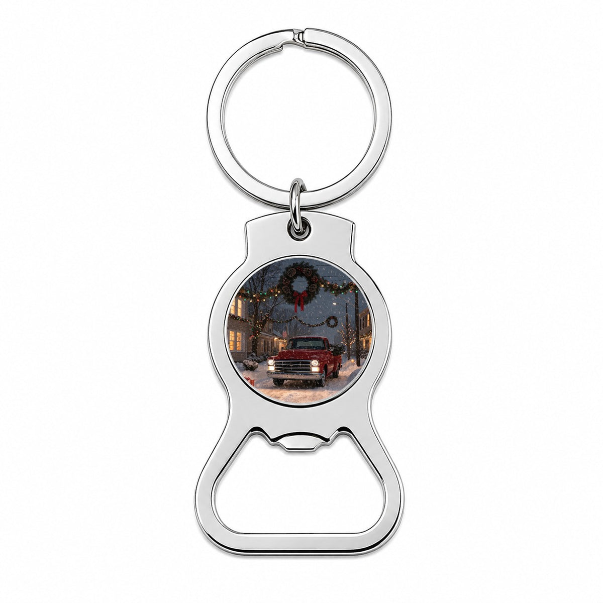 Christmas Red Truck Snow Bottle Opener Keychain