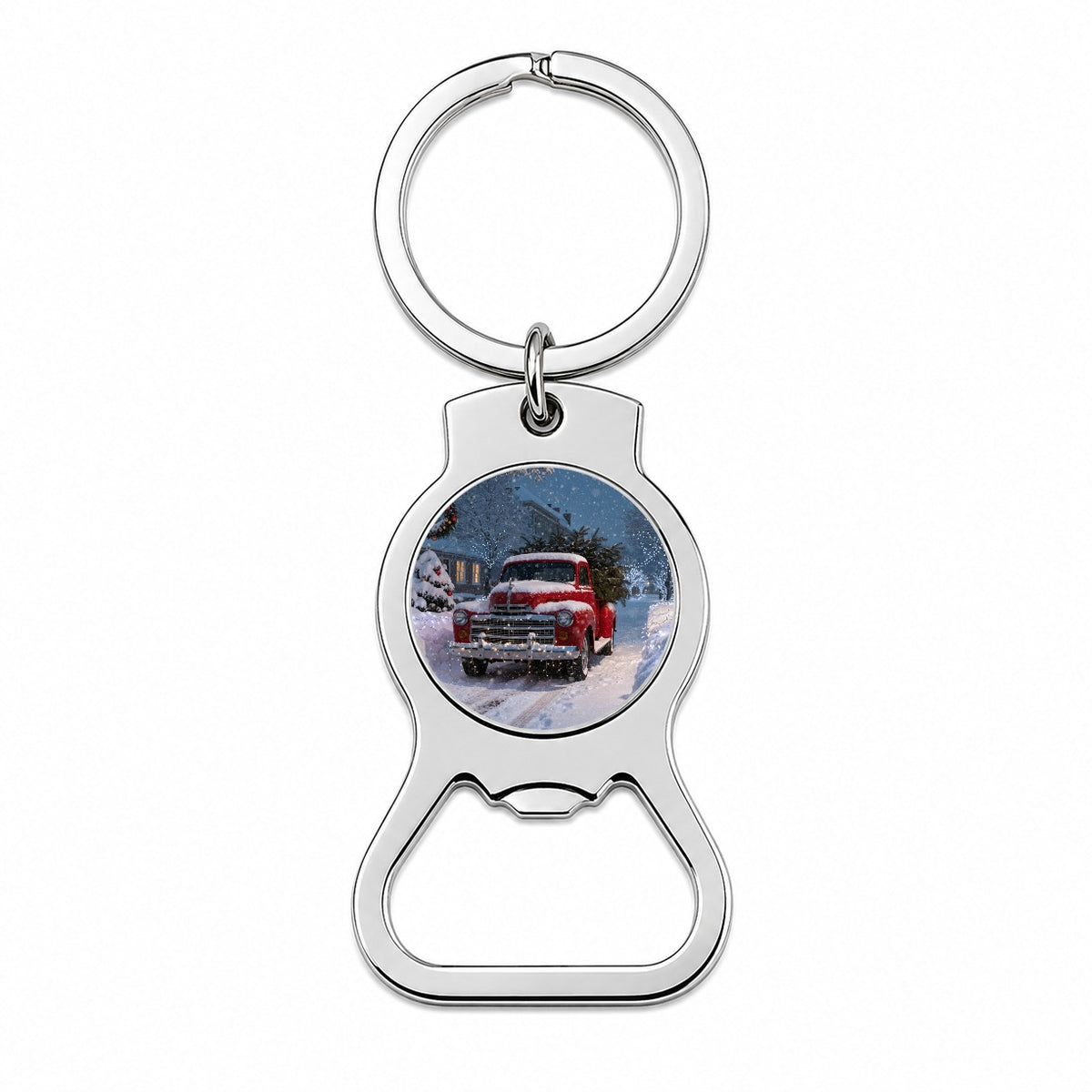 Christmas Tree In Red Truck Bottle Opener Keychain