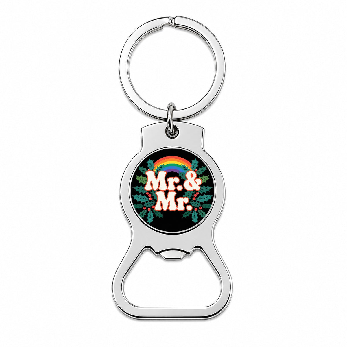 Mr and Mr Pride Gay Rainbow Christmas Bold Bottle Opener Keychain
