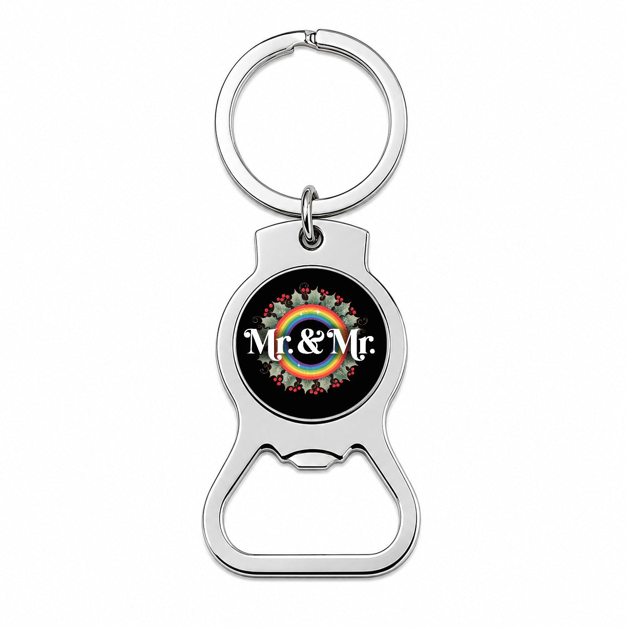 Mr and Mr Pride Gay Rainbow Christmas Wreath Bottle Opener Keychain