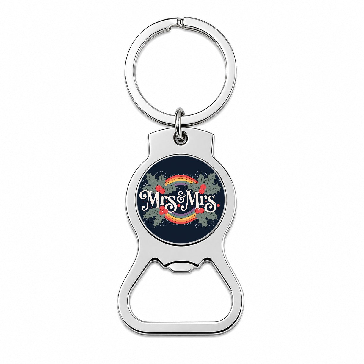 Mrs and Mrs Pride Gay Lesbian LGBTQ Double Rainbow Christmas Bottle Opener Keychain