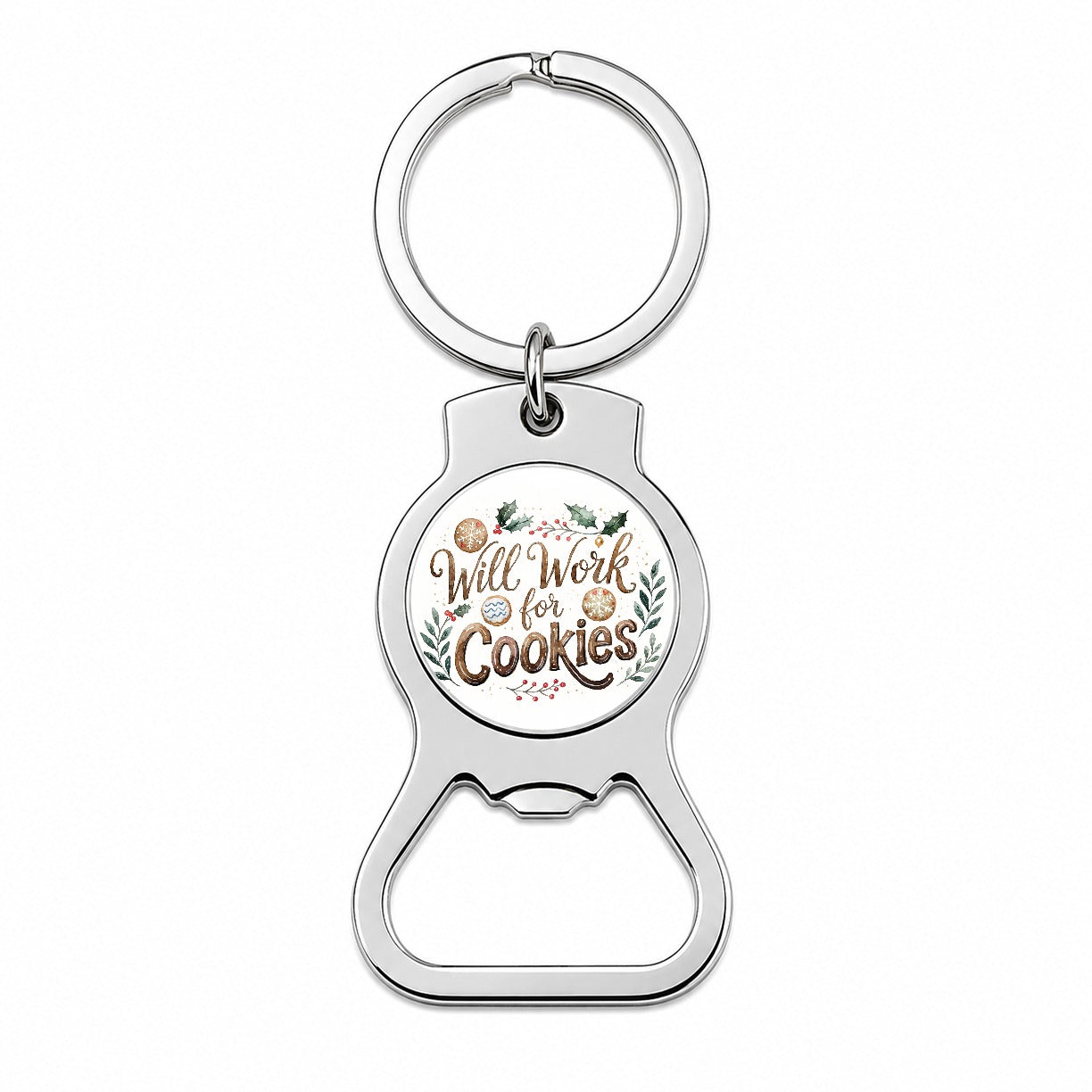 Will Work For Cookies Christmas Bottle Opener Keychain