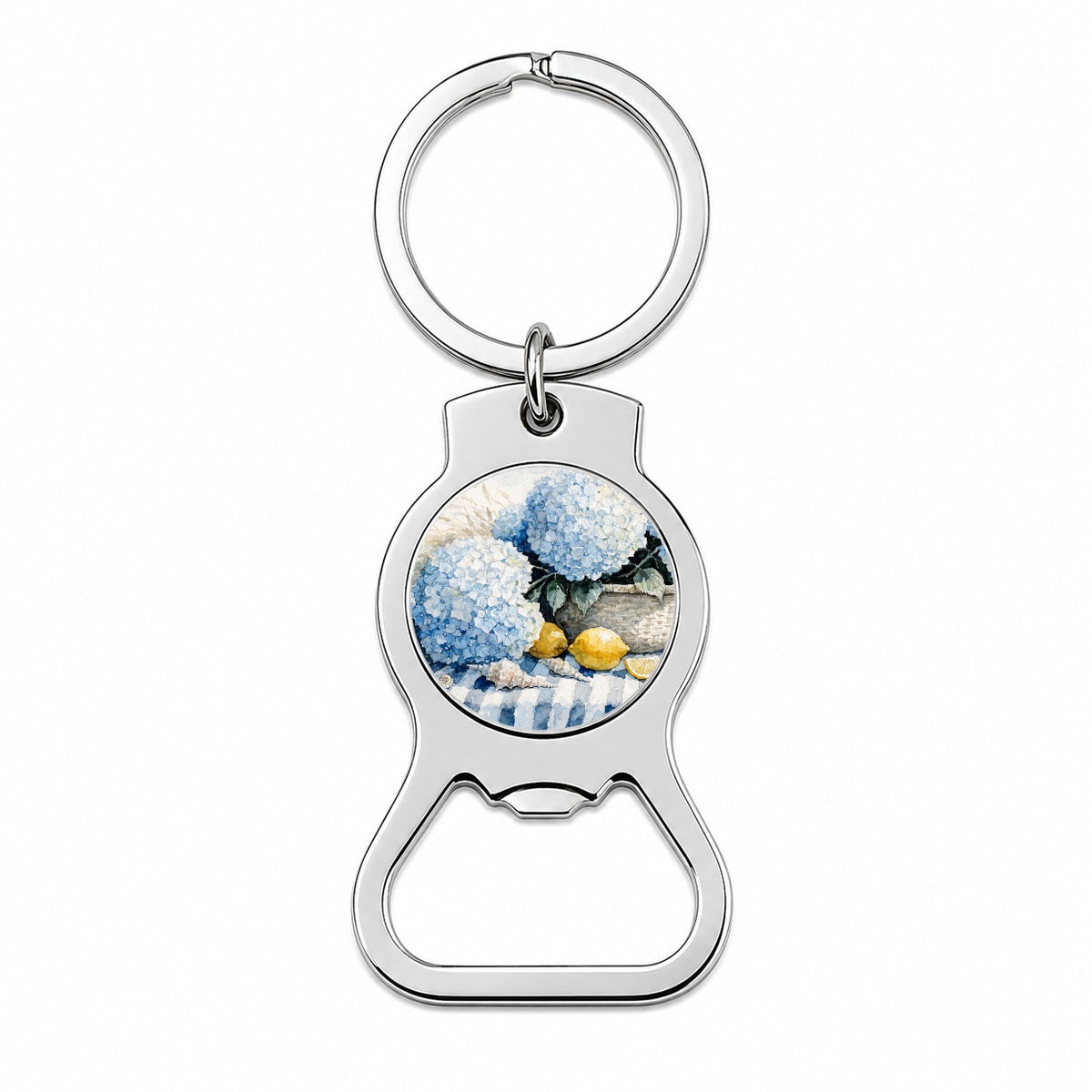 Blue Hydrangeas Seashells Lemons Coastal Bottle Opener Keychain