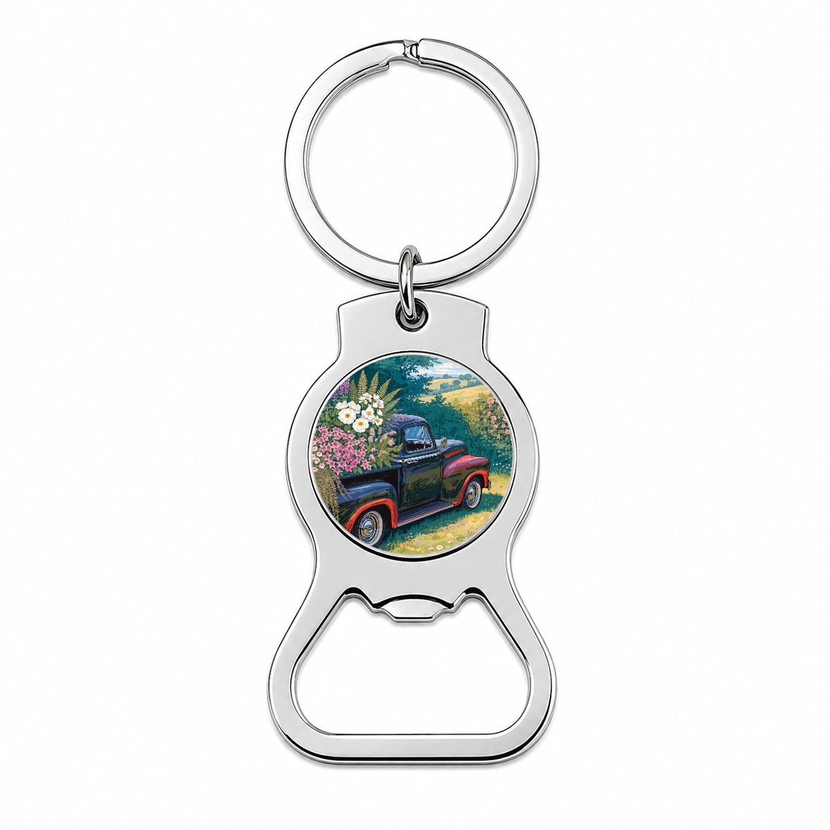 Charming Vintage Flower Pickup Truck Bottle Opener Keychain