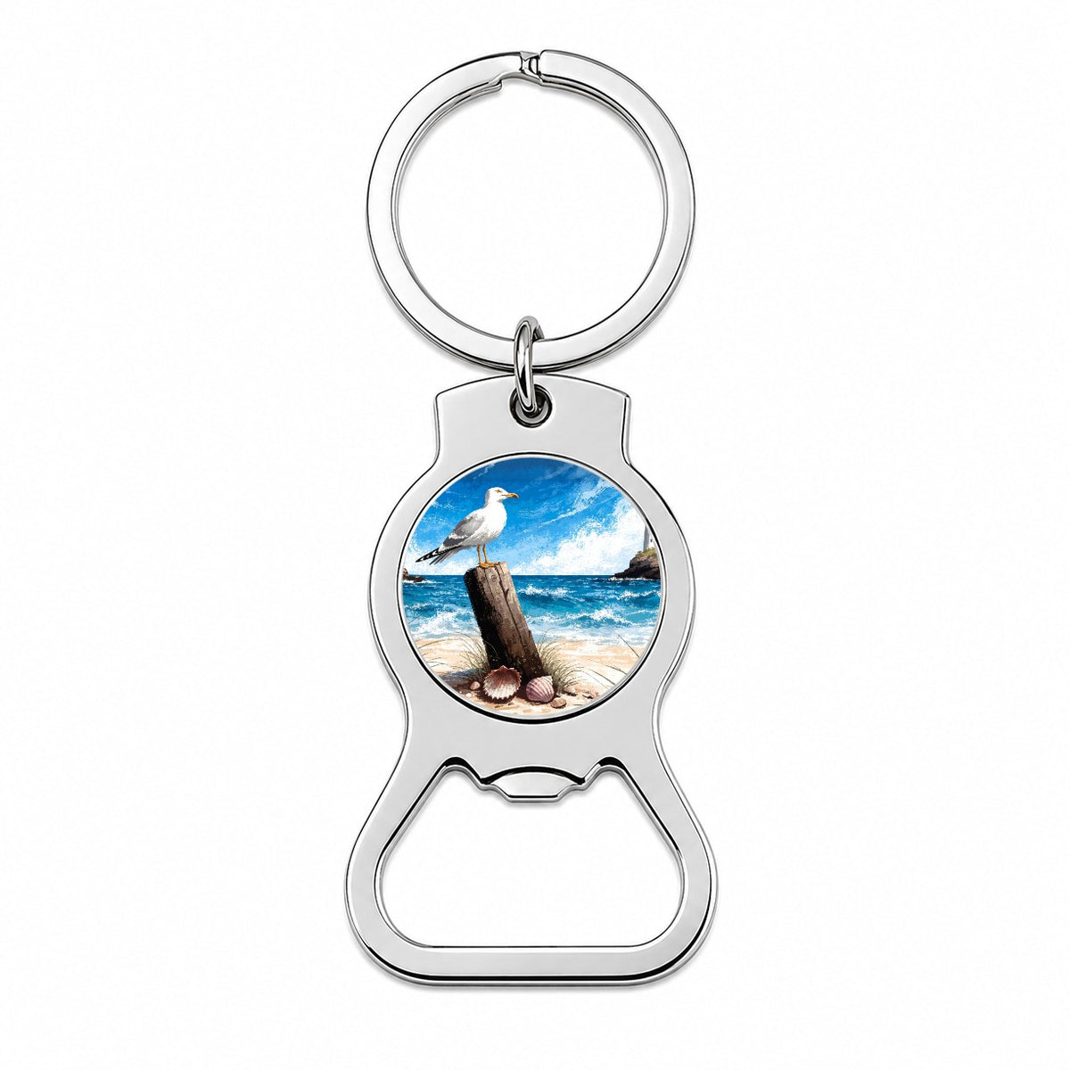 Coastal Seagull Beach Scene Bottle Opener Keychain