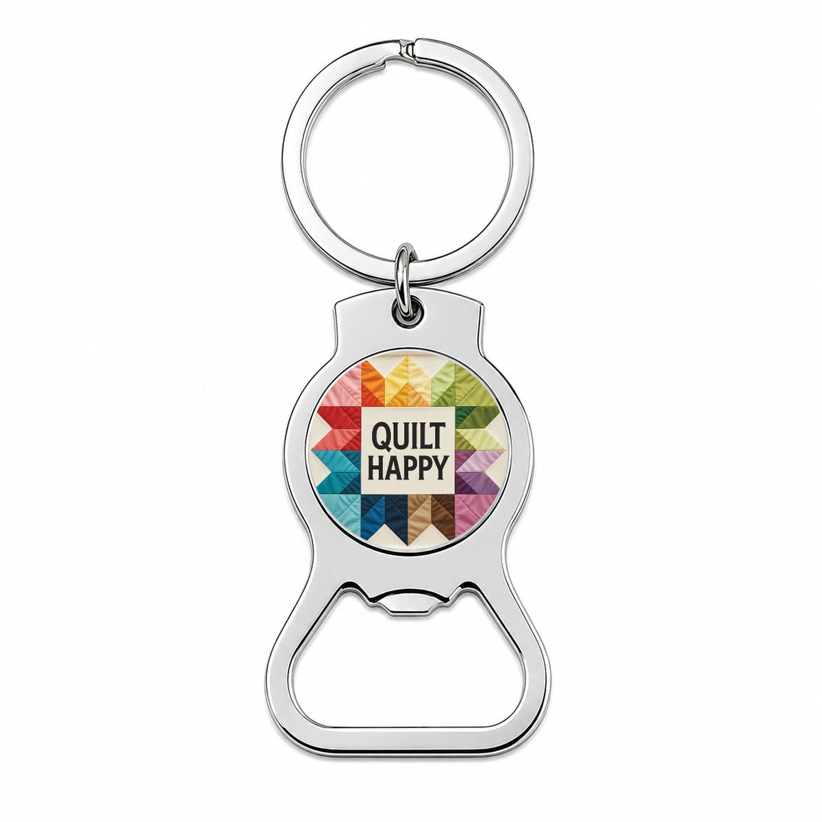 Quilt Happy Colorful Quilting Bottle Opener Keychain