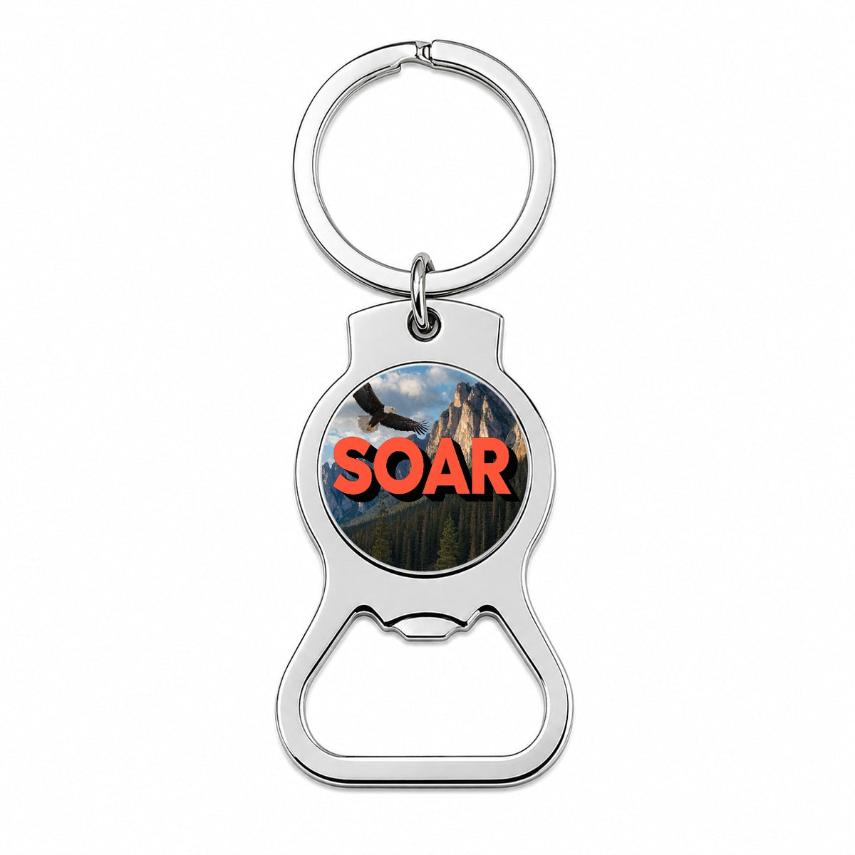 Soar Inspirational Bald Eagle Mountain Bottle Opener Keychain