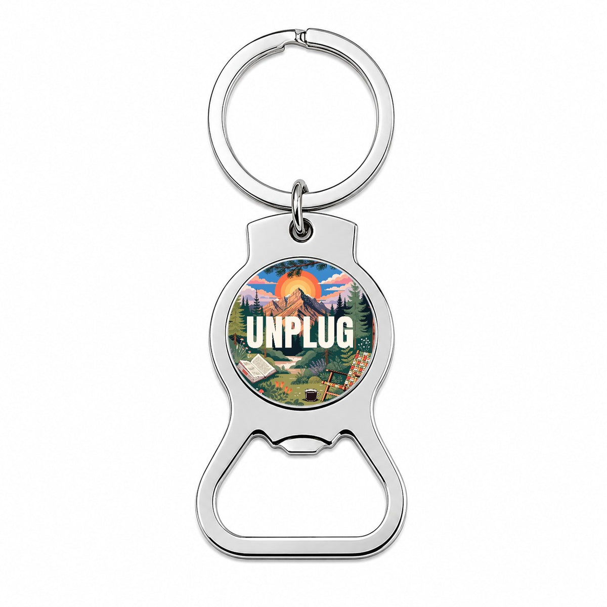 Unplug Cozy Camping Book Bottle Opener Keychain