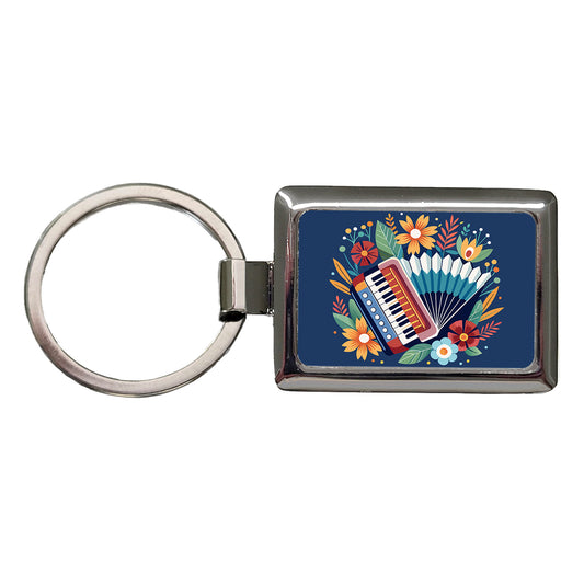 Accordion Music Floral Motif Rectangle Metal Keychain