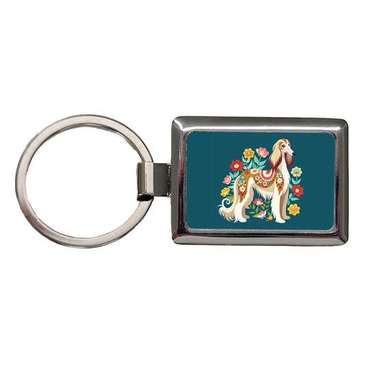 Afghan Hound Dog Floral Flowers Rectangle Metal Keychain