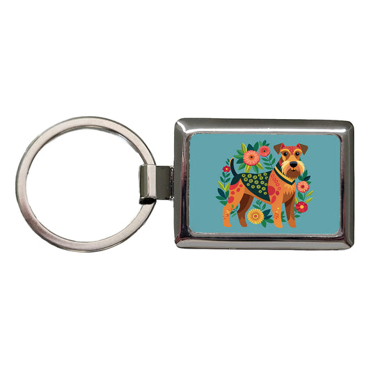 Airedale Terrier Dog Floral Flowers Rectangle Metal Keychain