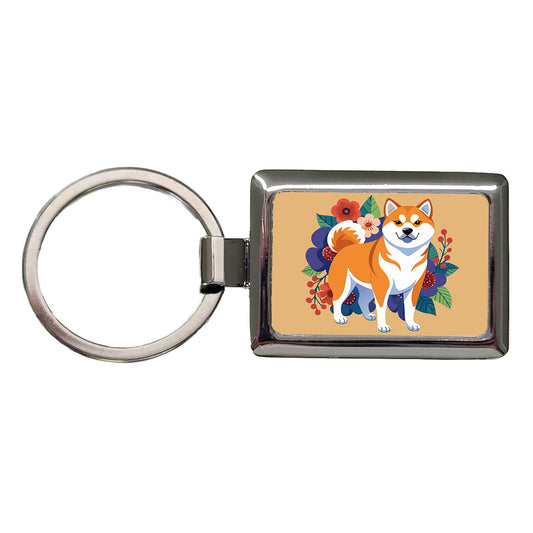 Akita Dog Floral Flowers Rectangle Metal Keychain