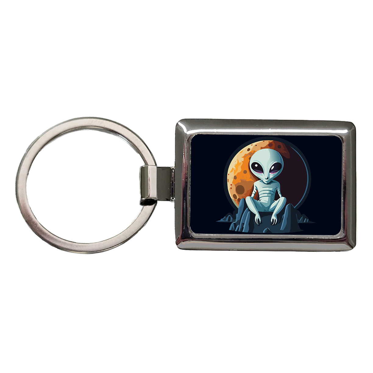 Alien Sitting Moon Planet Space Rectangle Metal Keychain