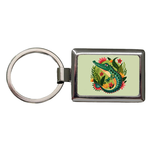 Alligator Floral Flowers Rectangle Metal Keychain