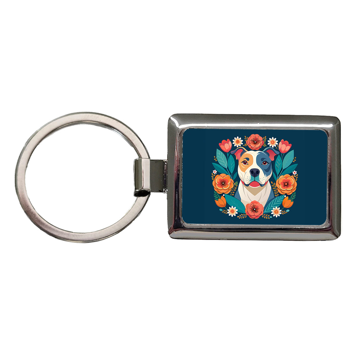 American Bulldog Dog Floral Flowers Rectangle Metal Keychain