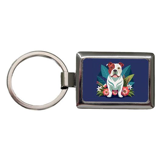 American Bulldog Floral Flowers Rectangle Metal Keychain
