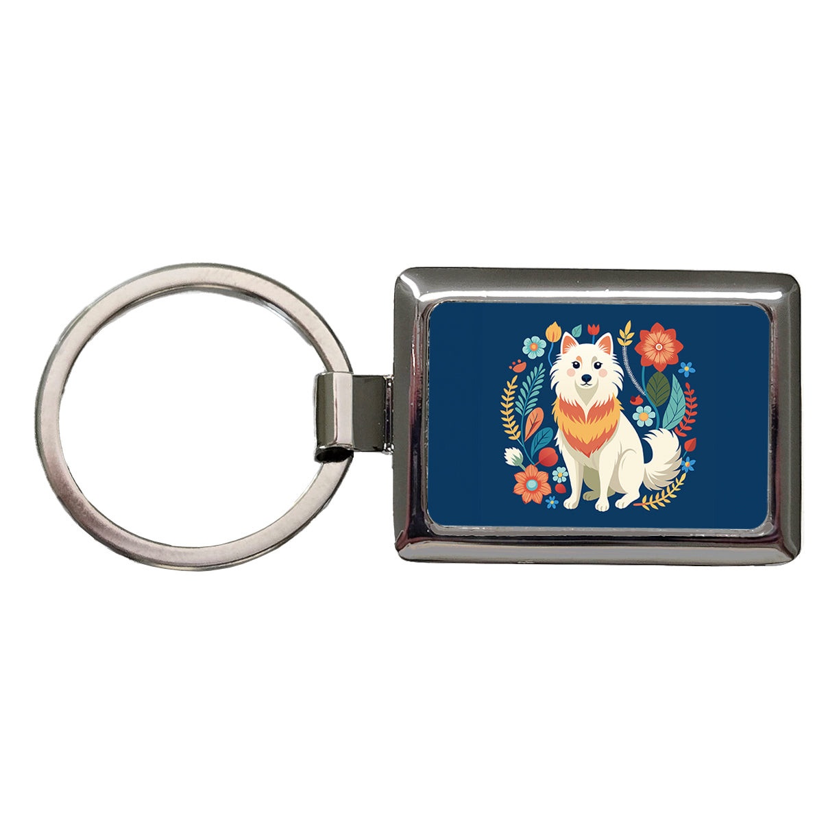 American Eskimo Dog Floral Flowers Rectangle Metal Keychain